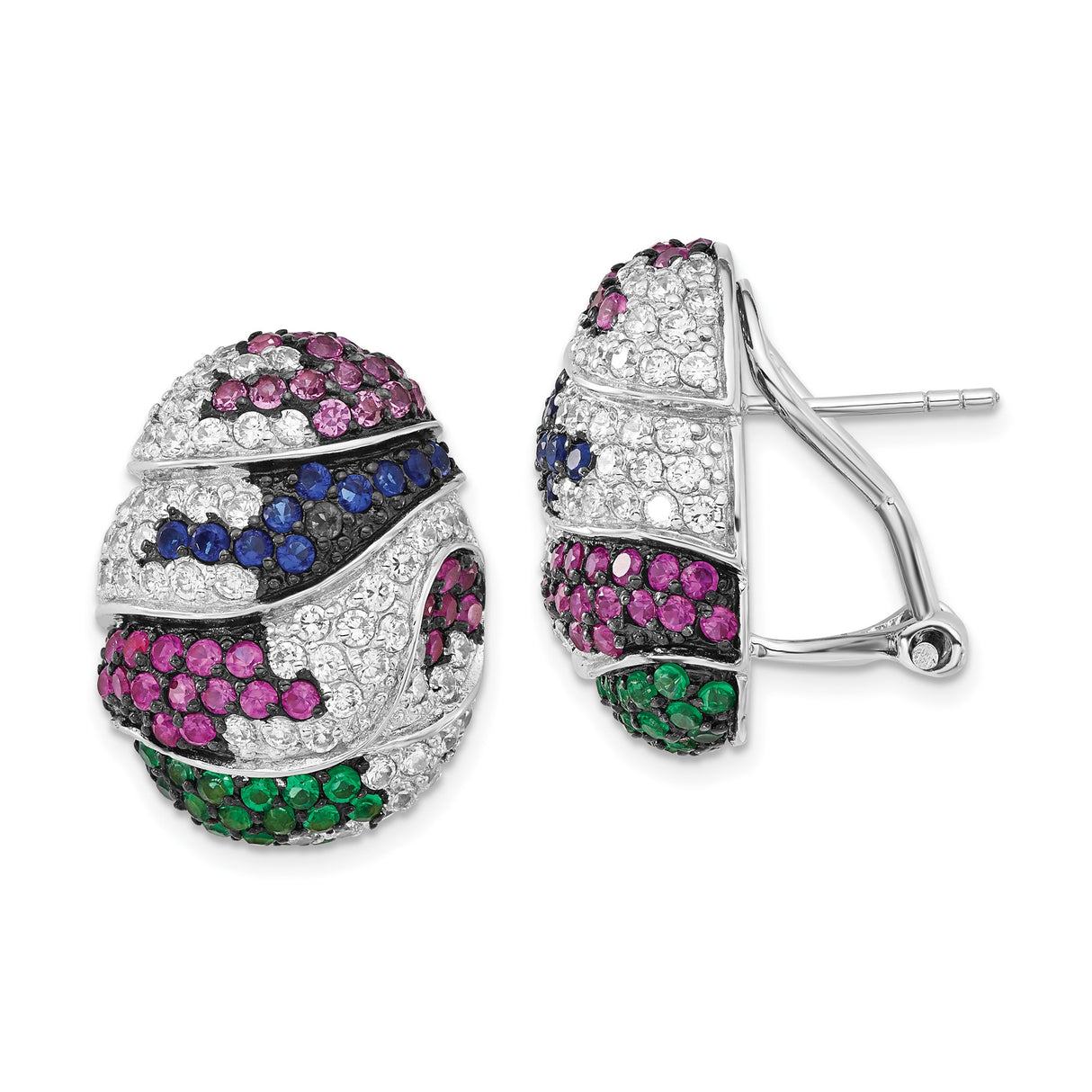 Sterling Silver Clip-On Earrings with Cubic Zirconia and Lab Created Ruby, Curved Statement Design