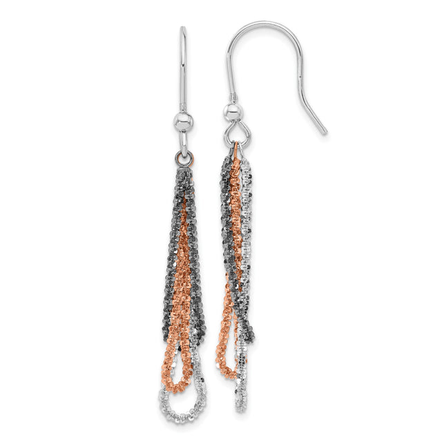 Sterling Silver Dangle Earrings with Multi-Strand Loops, Tri-Color Textured Chains for Women