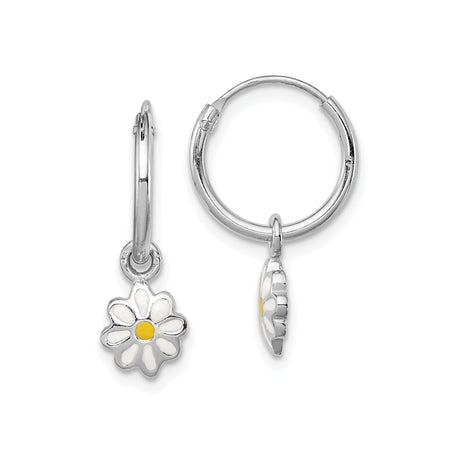 Sterling Silver Hoop Earrings with White and Yellow Enamel Daisy Charms, Floral Design