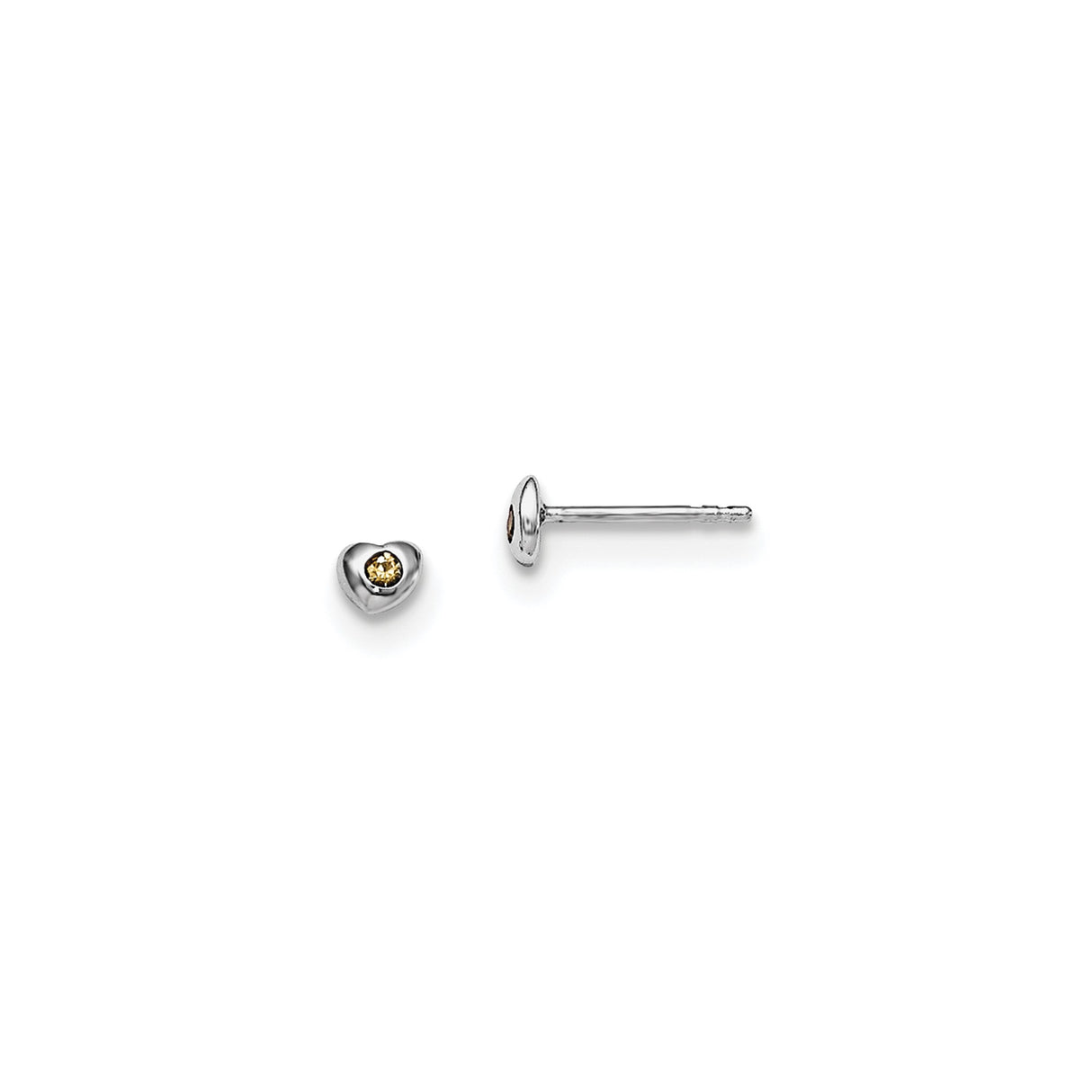 Sterling Silver Heart Stud Earrings with Yellow Crystal Center, Dainty Minimalist Style