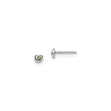 Sterling Silver Heart Stud Earrings with Yellow Crystal Center, Dainty Minimalist Style
