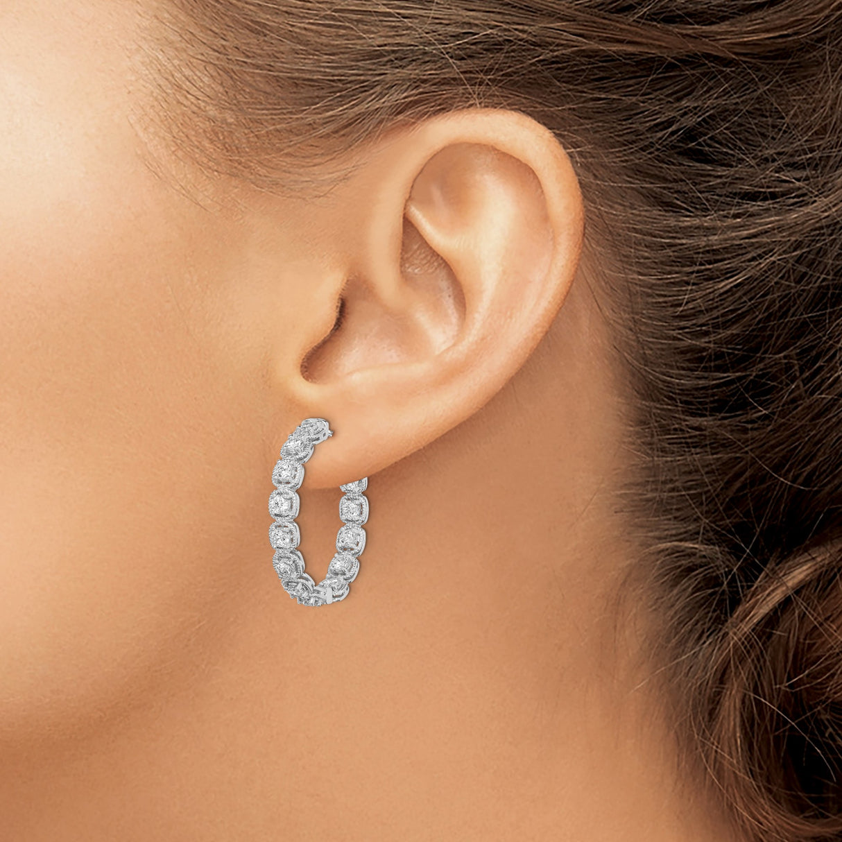 Sterling Silver Hoop Earrings with Cushion Cut Cubic Zirconia, Milgrain Detailing, Vintage Style