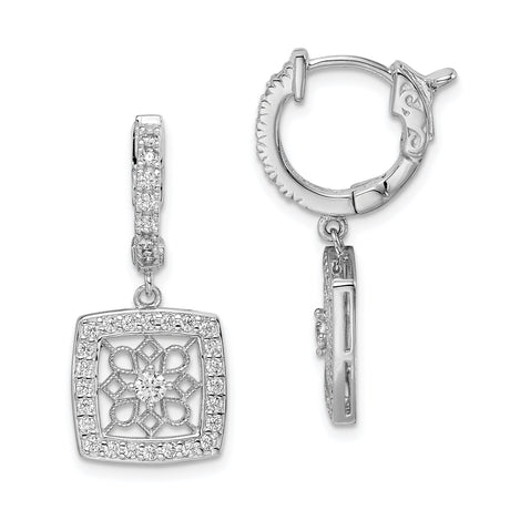 Sterling Silver Dangle Earrings with Cubic Zirconia, Cushion Drop and Flower Mandala Design