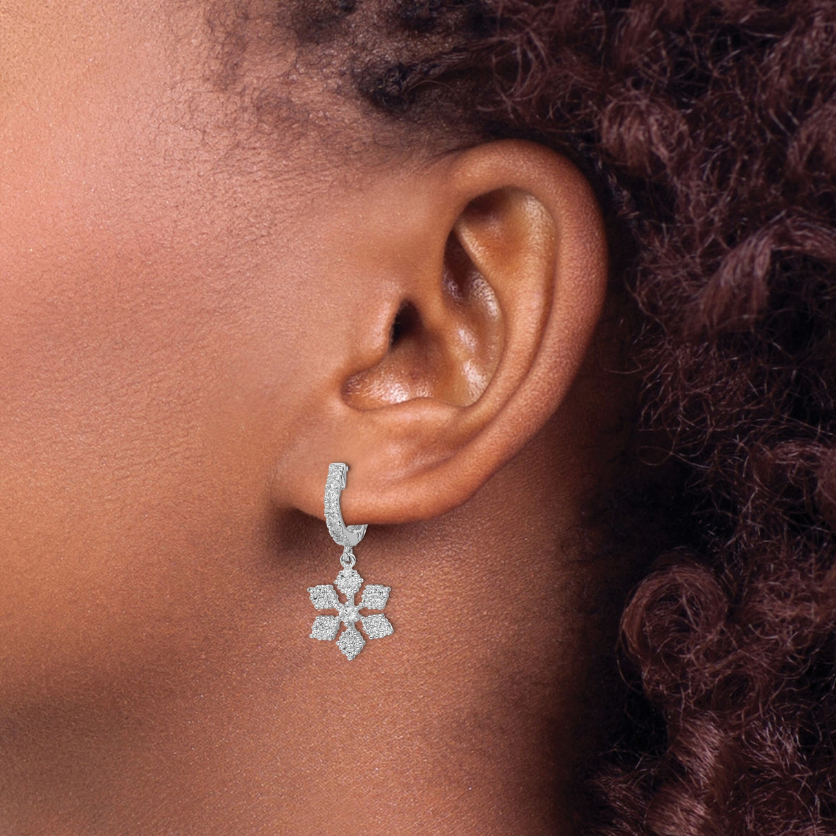 Sterling Silver Snowflake Dangle Hoop Earrings with Cubic Zirconia