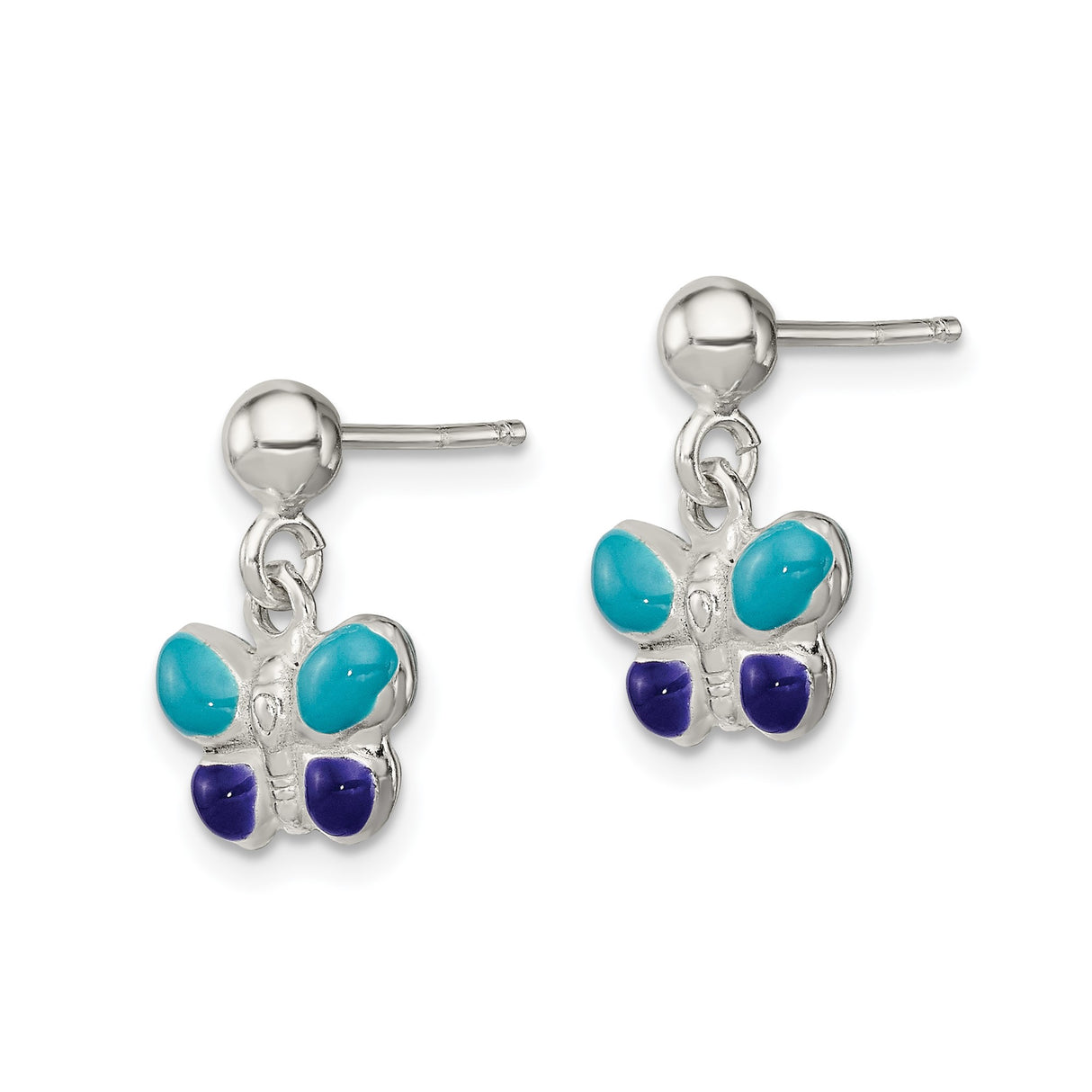 Sterling Silver Butterfly Dangle Stud Earrings with Blue and Purple Enamel Wings
