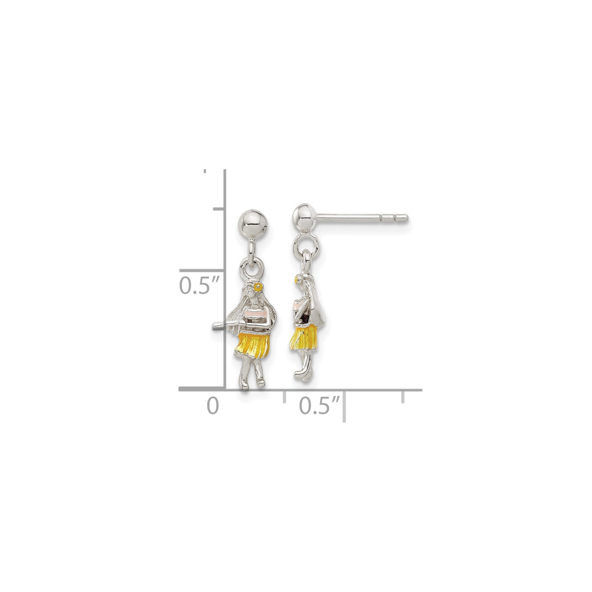 Sterling Silver Hula Dancer Earrings with Yellow Skirt and Pink Top, Tropical Theme