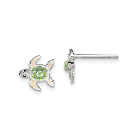 Sterling Silver Turtle Stud Earrings with Green and Beige Enamel for Women or Girls, Sea Turtle Symbol Jewelry, Ocean Themed Coastal Fashion Earrings, Nature Inspired Marine Animal Design