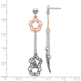 Sterling Silver Dangle Earrings with Asymmetrical Floral Design and Mixed Metal Chain Links