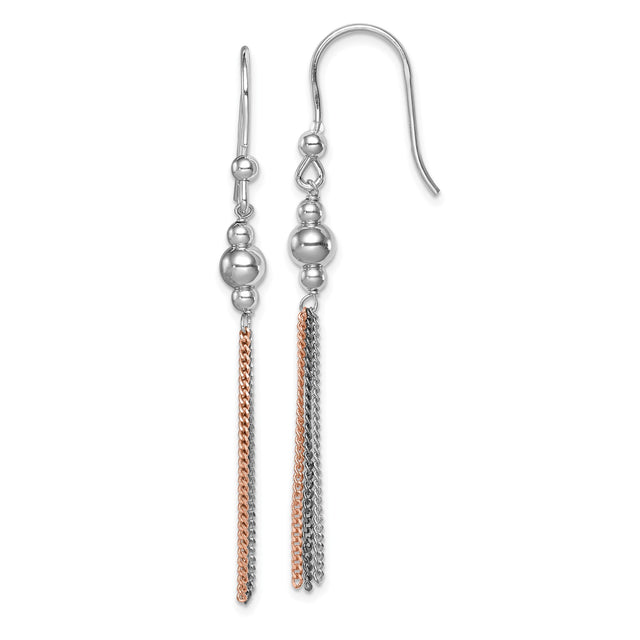 Sterling Silver Dangle Earrings with Rose Gold Chain Tassels and Polished Beads