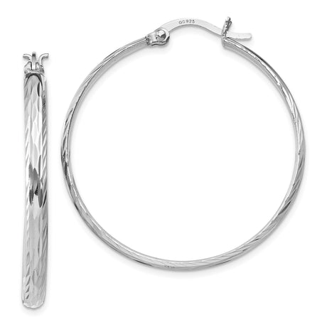 Sterling Silver Hoop Earrings with Textured Diamond Cut Design for Women