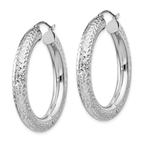 Sterling Silver Hoop Earrings with Diamond Cut Finish, Textured Round Design, Latch Back Closure