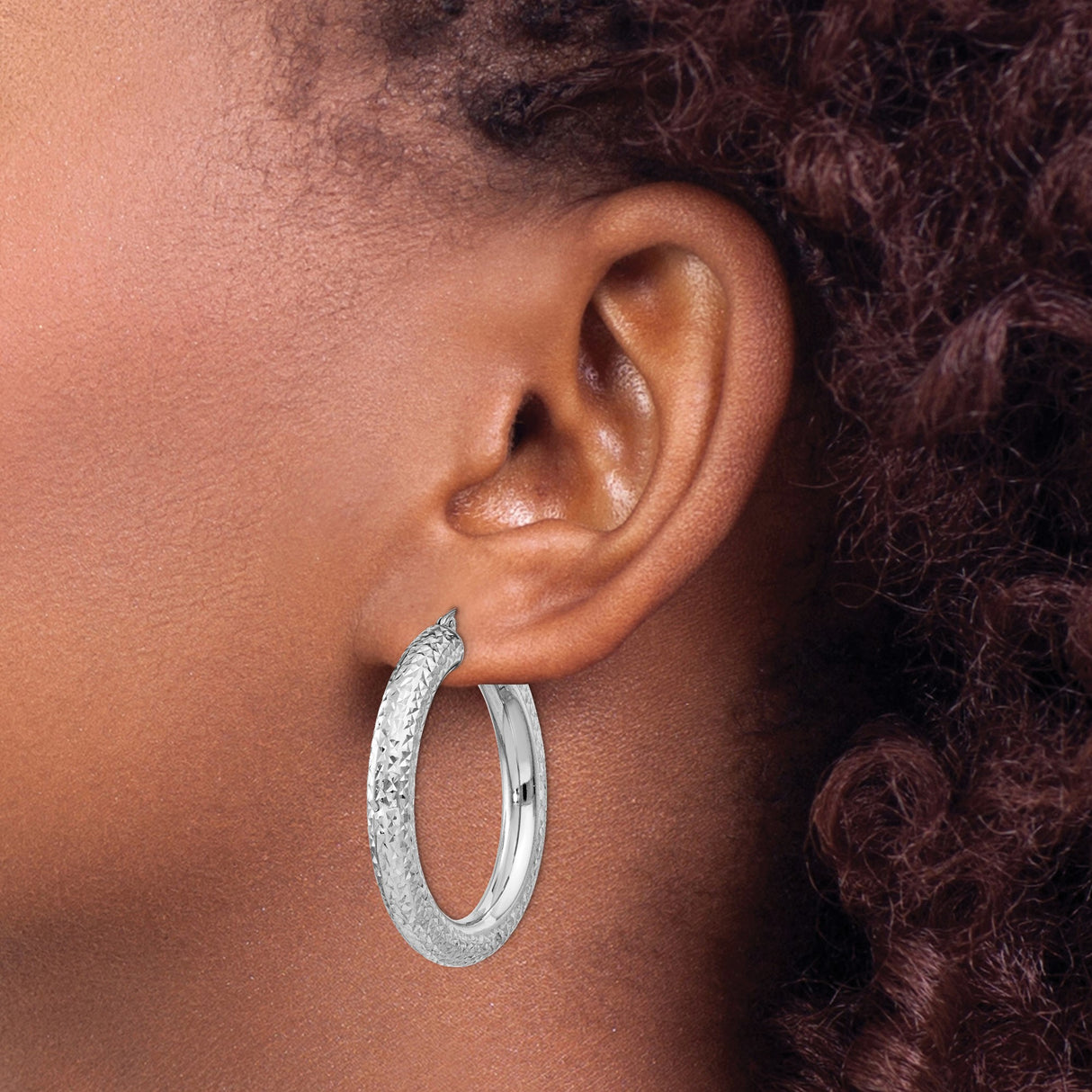 Sterling Silver Hoop Earrings with Diamond Cut Finish, Textured Round Design, Latch Back Closure