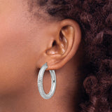 Sterling Silver Hoop Earrings with Diamond Cut Finish, Textured Round Design, Latch Back Closure