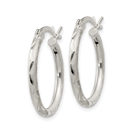 Sterling Silver Hoop Earrings, Textured Diamond Cut Round Design with Satin Finish