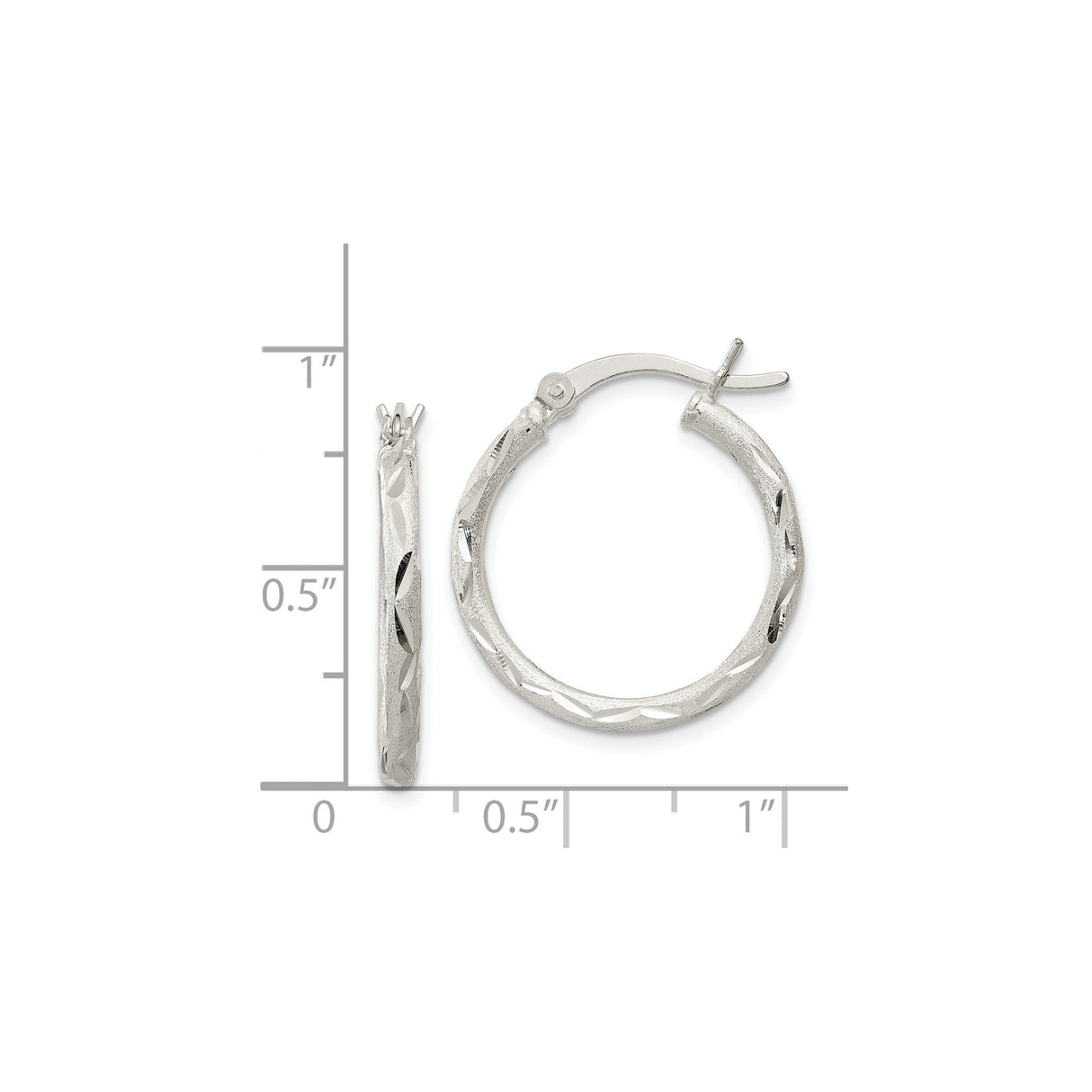 Sterling Silver Hoop Earrings, Textured Diamond Cut Round Design with Satin Finish