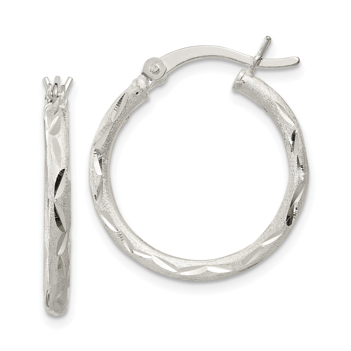 Sterling Silver Hoop Earrings, Textured Diamond Cut Round Design with Satin Finish