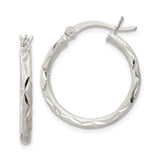 Sterling Silver Hoop Earrings, Textured Diamond Cut Round Design with Satin Finish
