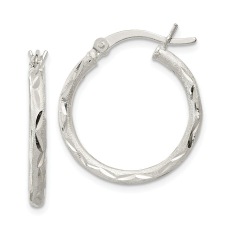 Sterling Silver Hoop Earrings, Textured Diamond Cut Round Design with Satin Finish