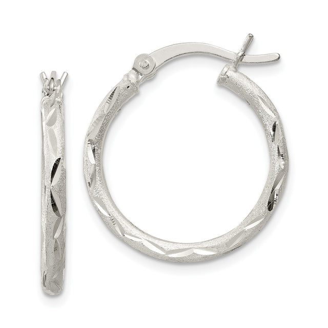 Sterling Silver Hoop Earrings, Textured Diamond Cut Round Design with Satin Finish