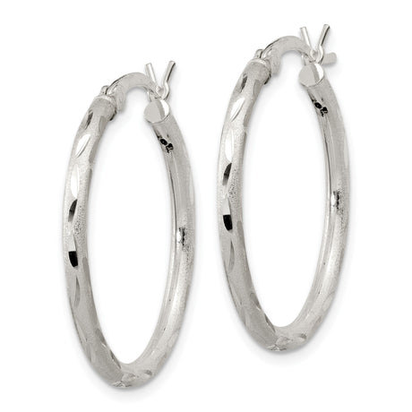 Sterling Silver Hoop Earrings with Diamond-Cut Textured Finish, Classic Round Design