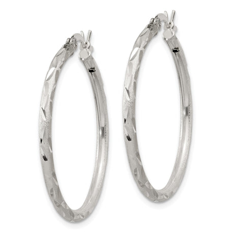 Sterling Silver Hoop Earrings, Diamond-Cut Textured Polished Finish, Lightweight Round Design