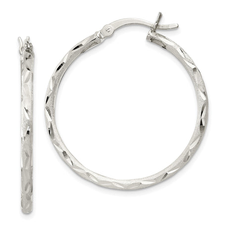 Sterling Silver Hoop Earrings, Diamond-Cut Textured Polished Finish, Lightweight Round Design