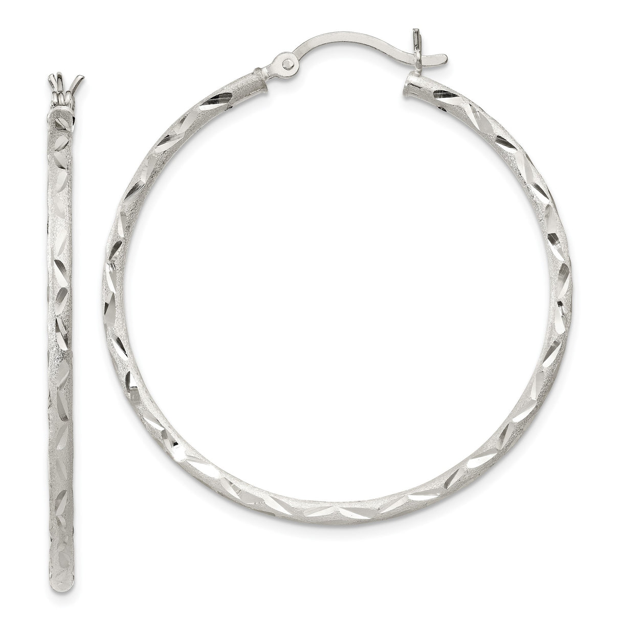 Sterling Silver Hoop Earrings with Textured Diamond Cut Design and Polished Finish