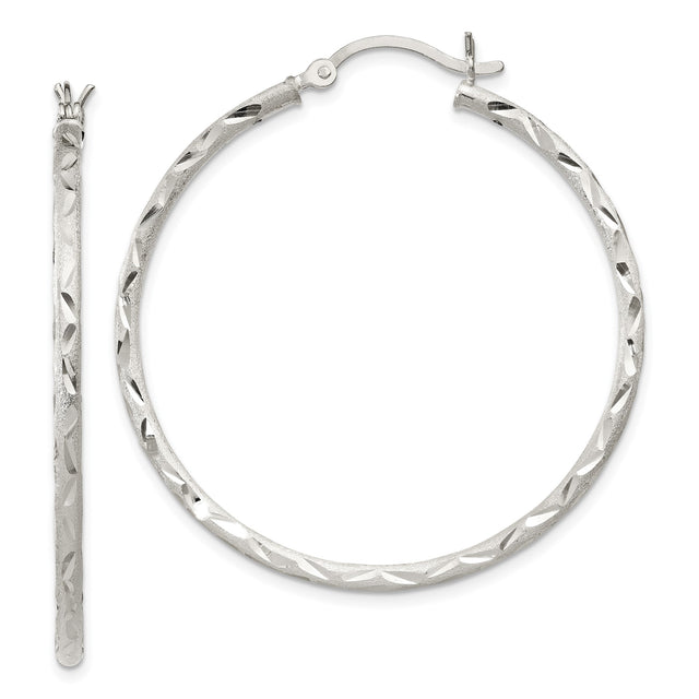 Sterling Silver Hoop Earrings with Textured Diamond Cut Design and Polished Finish