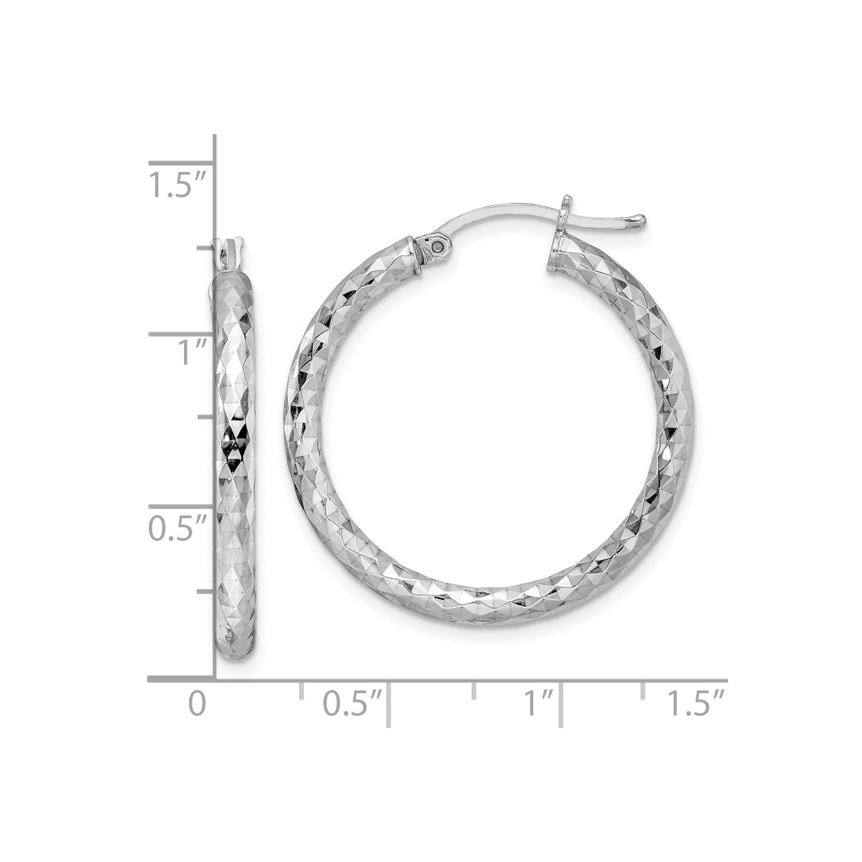 Sterling Silver Hoop Earrings, Textured Diamond-Cut Faceted Design, Lightweight Modern Style