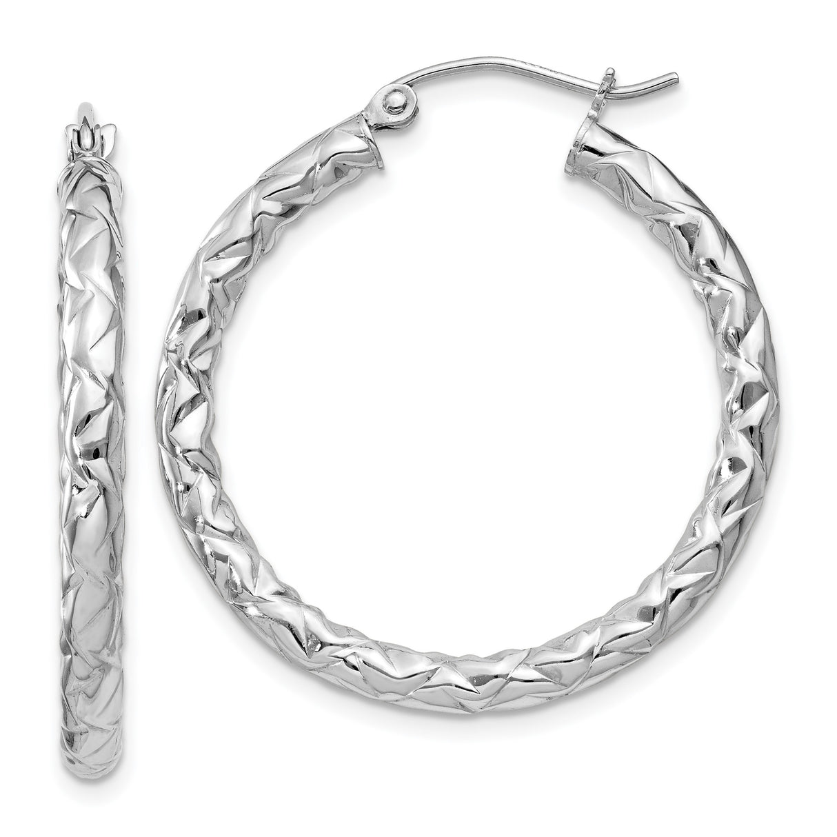 Sterling Silver Hoop Earrings, Textured Diamond-Cut Faceted Design, Lightweight Modern Style