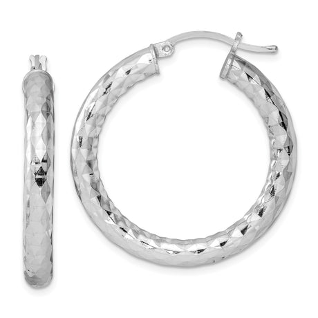 Sterling Silver Hoop Earrings, Textured Diamond-Cut Finish, Lightweight Classic Round Design