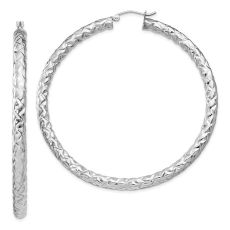 Sterling Silver Hoop Earrings with Diamond Cut Braided Texture, Lightweight Rhodium Plated Design