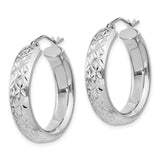 Sterling Silver Hoop Earrings, Diamond Cut Textured Round Hoops with Hinged Backs, Medium Size
