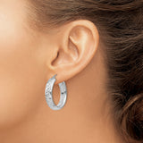 Sterling Silver Hoop Earrings, Diamond Cut Textured Round Hoops with Hinged Backs, Medium Size