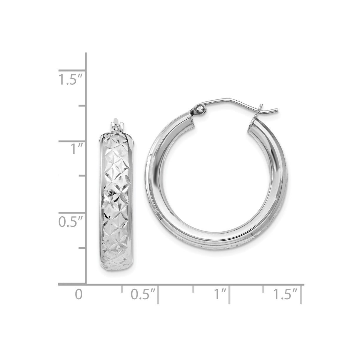 Sterling Silver Hoop Earrings, Diamond Cut Textured Round Hoops with Hinged Backs, Medium Size