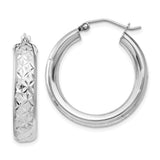 Sterling Silver Hoop Earrings, Diamond Cut Textured Round Hoops with Hinged Backs, Medium Size