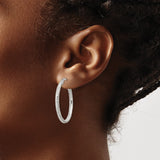 Sterling Silver Hoop Earrings with Textured Diamond Cut Finish, Hinged Closure, 14mm Medium Size