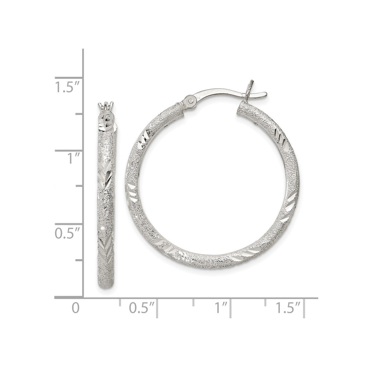 Sterling Silver Hoop Earrings with Textured Diamond Cut Finish, Hinged Closure, 14mm Medium Size