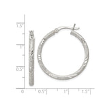 Sterling Silver Hoop Earrings with Textured Diamond Cut Finish, Hinged Closure, 14mm Medium Size