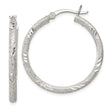 Sterling Silver Hoop Earrings with Textured Diamond Cut Finish, Hinged Closure, 14mm Medium Size