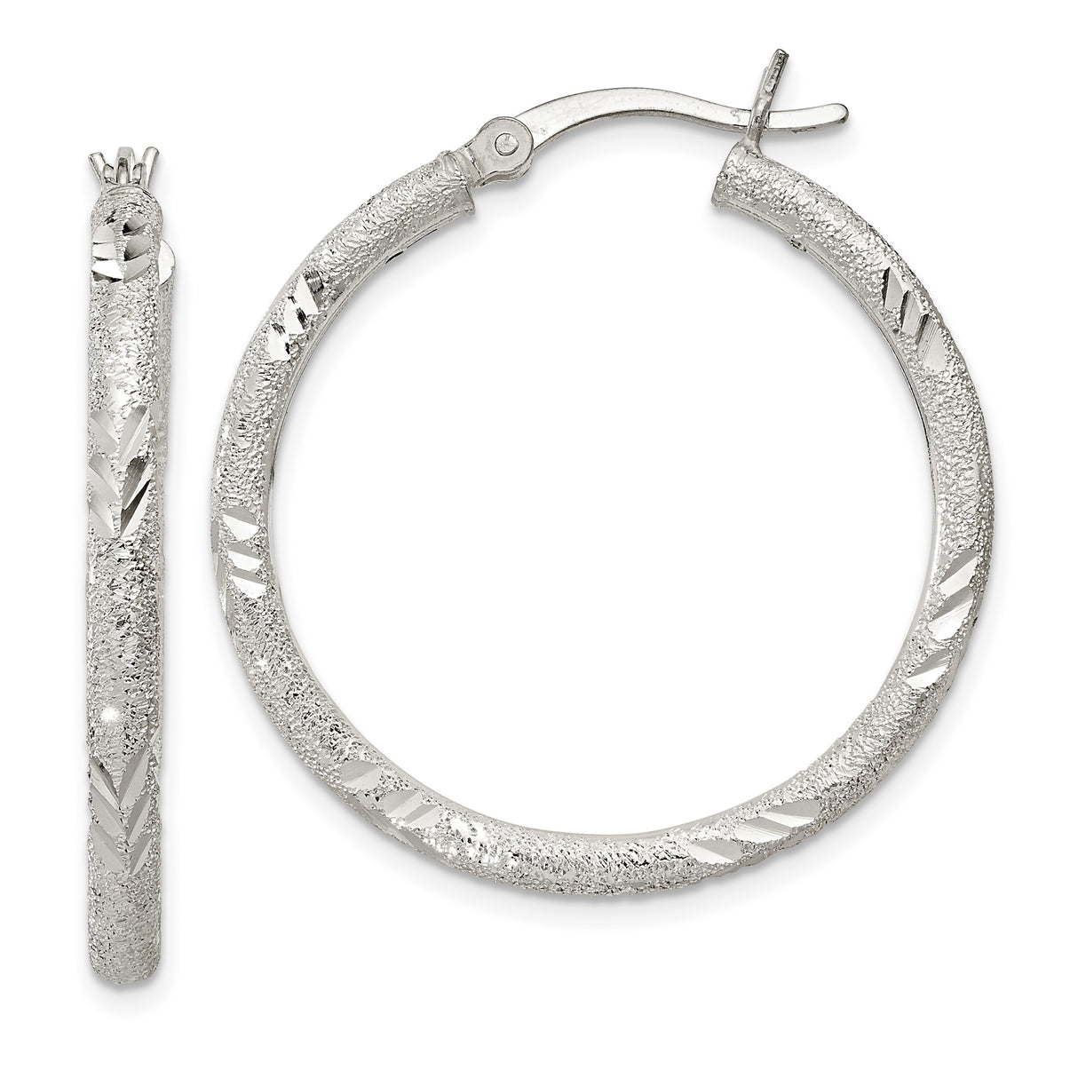 Sterling Silver Hoop Earrings with Textured Diamond Cut Finish, Hinged Closure, 14mm Medium Size