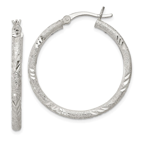 Sterling Silver Hoop Earrings with Textured Diamond Cut Finish, Hinged Closure, 14mm Medium Size