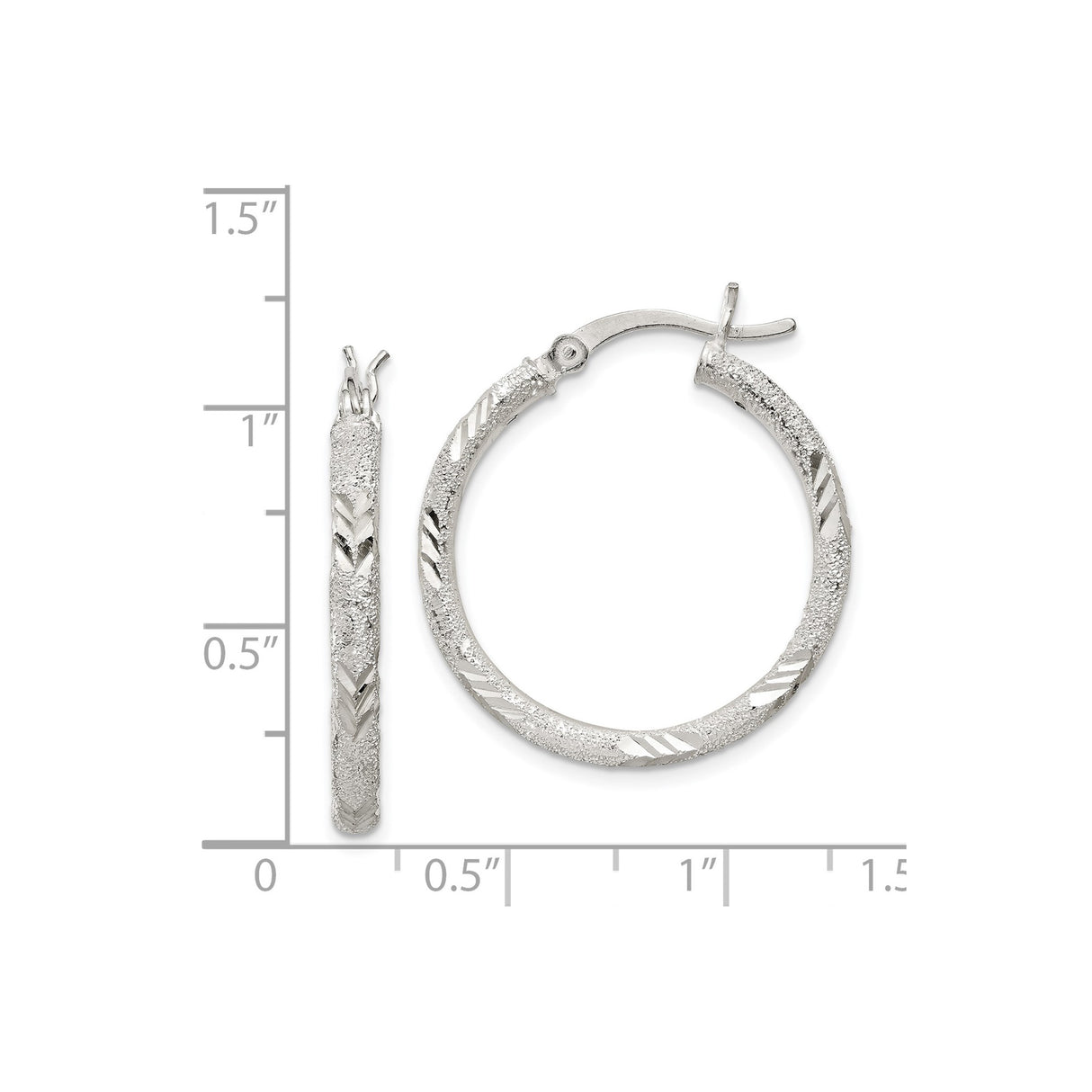 Sterling Silver Hoop Earrings, Textured Diamond-Cut Chevron Pattern, Latch-Back Closure