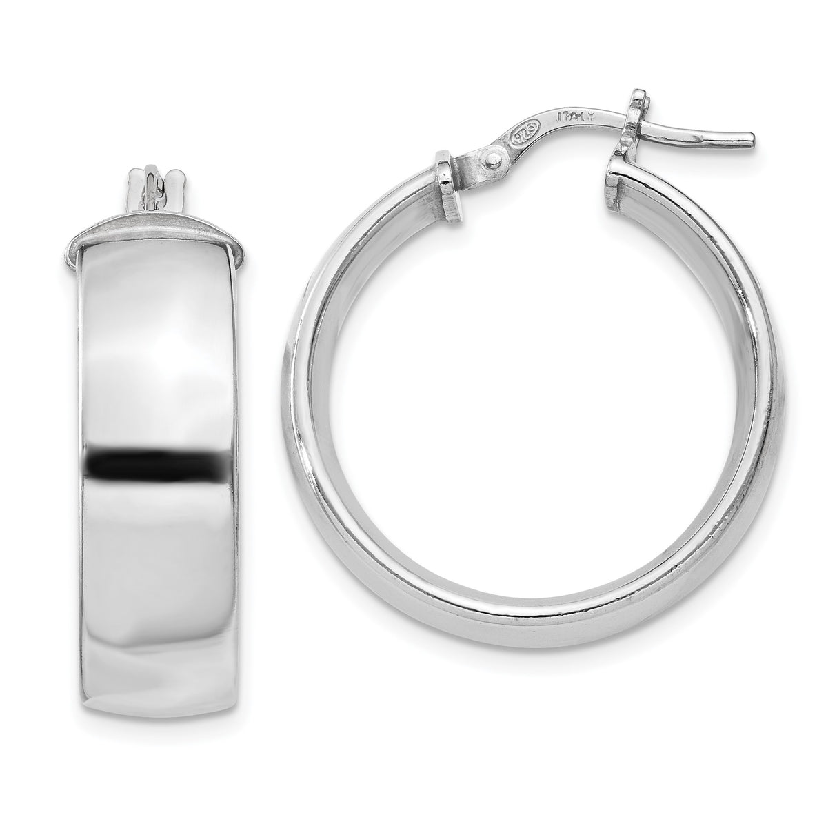 Sterling Silver Hoop Earrings, Wide Polished Hoops with Latch Back Closure for Women