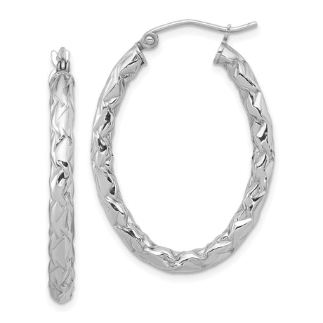 Sterling Silver Oval Hoop Earrings with Twisted Diamond Cut Design for Women