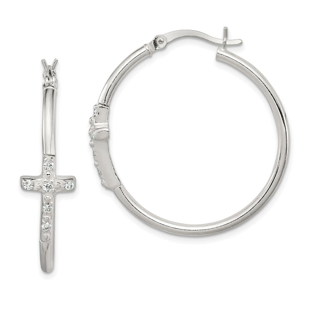 Sterling Silver Cross Hoop Earrings with Cubic Zirconia, Modern Faith Symbol Design