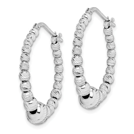 Sterling Silver Hoop Earrings with Diamond Cut Beaded Design, High Polish Finish, Lightweight Style