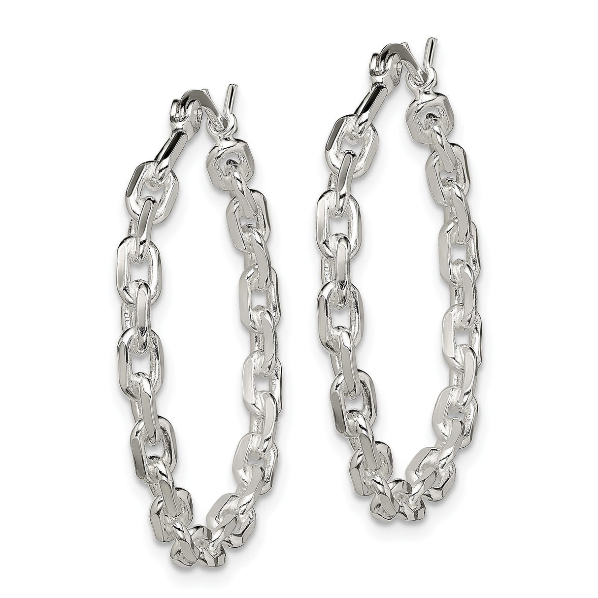 Sterling Silver Mariner Chain Hoop Earrings, Polished Link Design, Hinged Closure