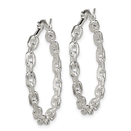 Sterling Silver Mariner Chain Hoop Earrings, Polished Link Design, Hinged Closure