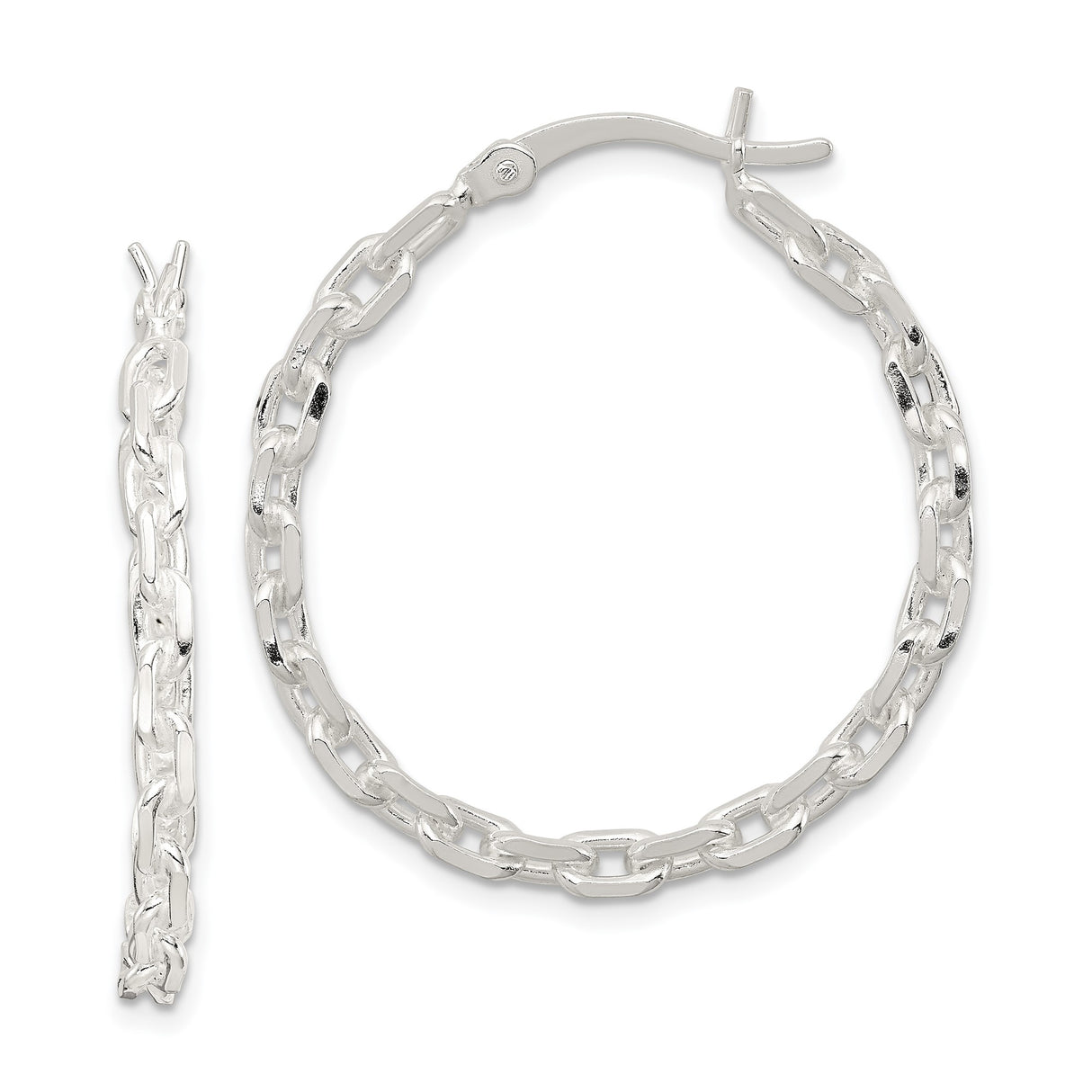 Sterling Silver Mariner Chain Hoop Earrings, Polished Link Design, Hinged Closure